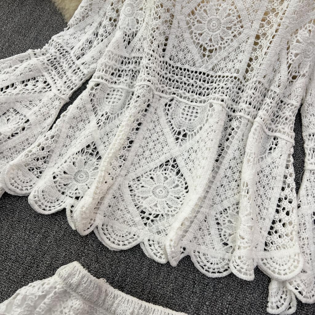 Dimanaf New 2025 Skirt Suit Women Knitting Beach Short Sleeve Lace Hollow Out Sexy O-Neck Hollow Summer Style Tops Tees Loose Basic