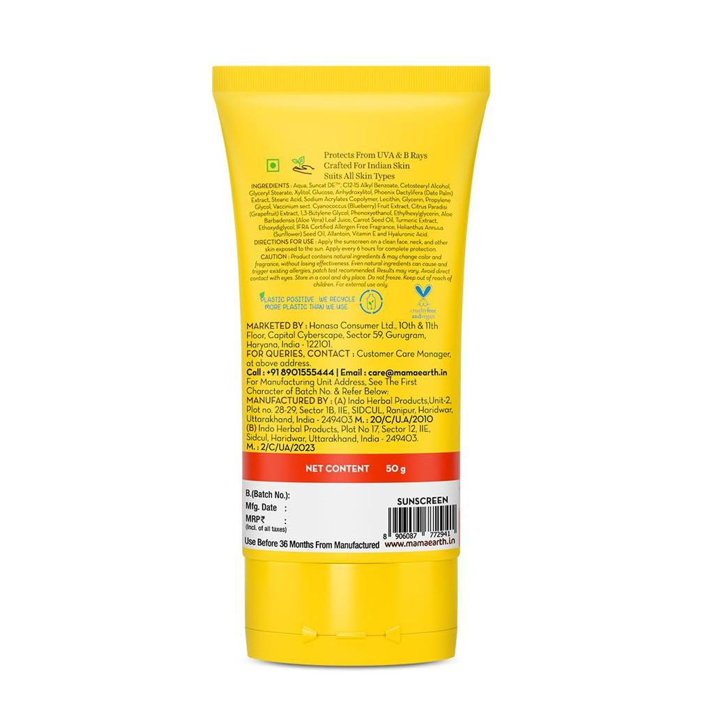 Mamaearth Ultra Light Sunscreen SPF 50 PA++++ | Tan Protection, No White Cast, Non-Greasy, Quick Absorbing, 50g For All Skin Types