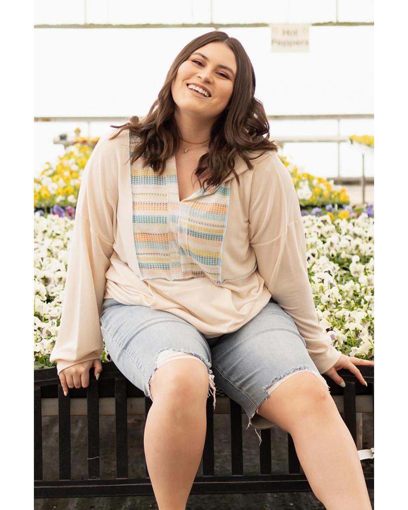 Azura Exchange Khaki Geometric Print Splicing Plus Size Hoodie