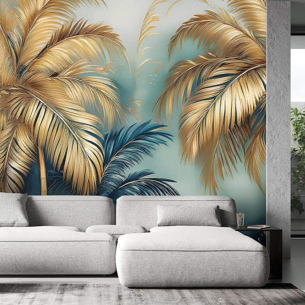 Wallpaper Blue-gold Palms On Gray Background