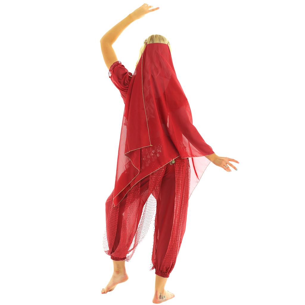 Женский наряд для танца живота, карнавальный костюм на Хэллоуин, укороченный топ с короткими рукавами и пайетками, шаровары, набедренный платок, головной платок