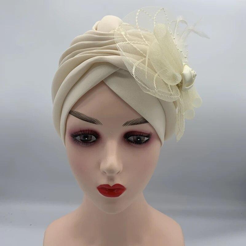 Feather Flower Ruffle Turban Caps for Women