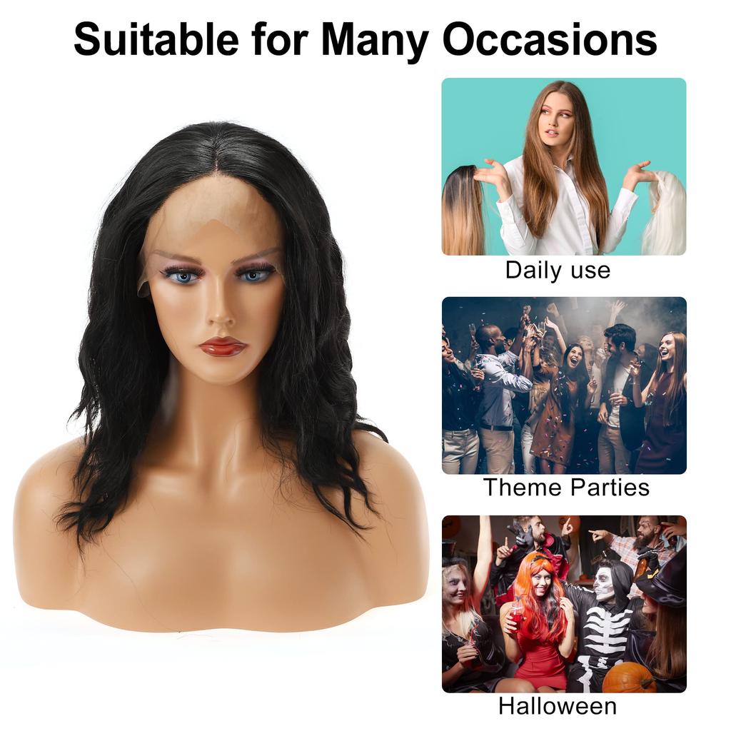 VOCOSTE Термостойкий парик с кружевной фронтальной частью, средней длины, пушистый, кудрявый и волнистый, для девушек, для повседневного использования, синтетическое волокно, черный, 30,5 см