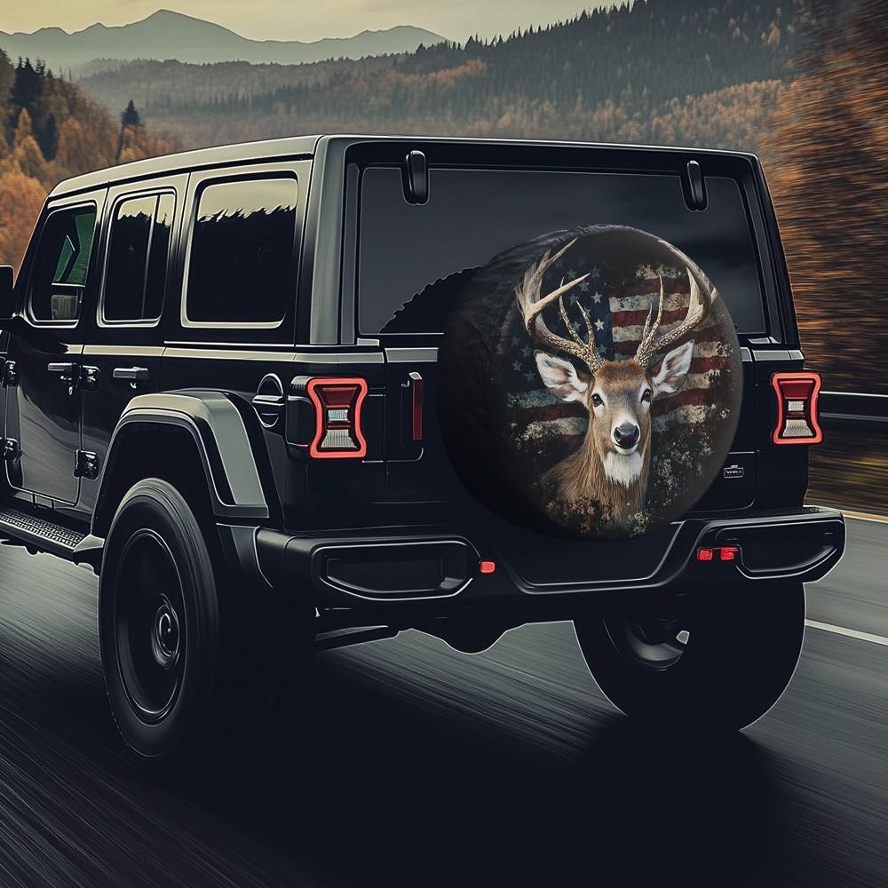 Deer American Flag Tire Cover Waterproof Polyester Spare Wheel Protector for SUV Truck
