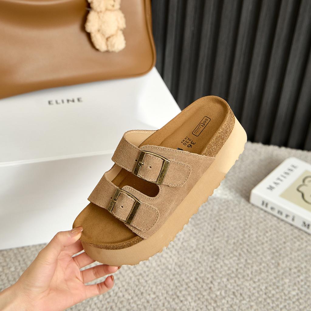 Модные летние женские тапочки на платформе из пробки 2024 года из коровьей замши с двумя пряжками на плоской подошве для женщин, сандалии в стиле ретро для сада, мюли, сабо
