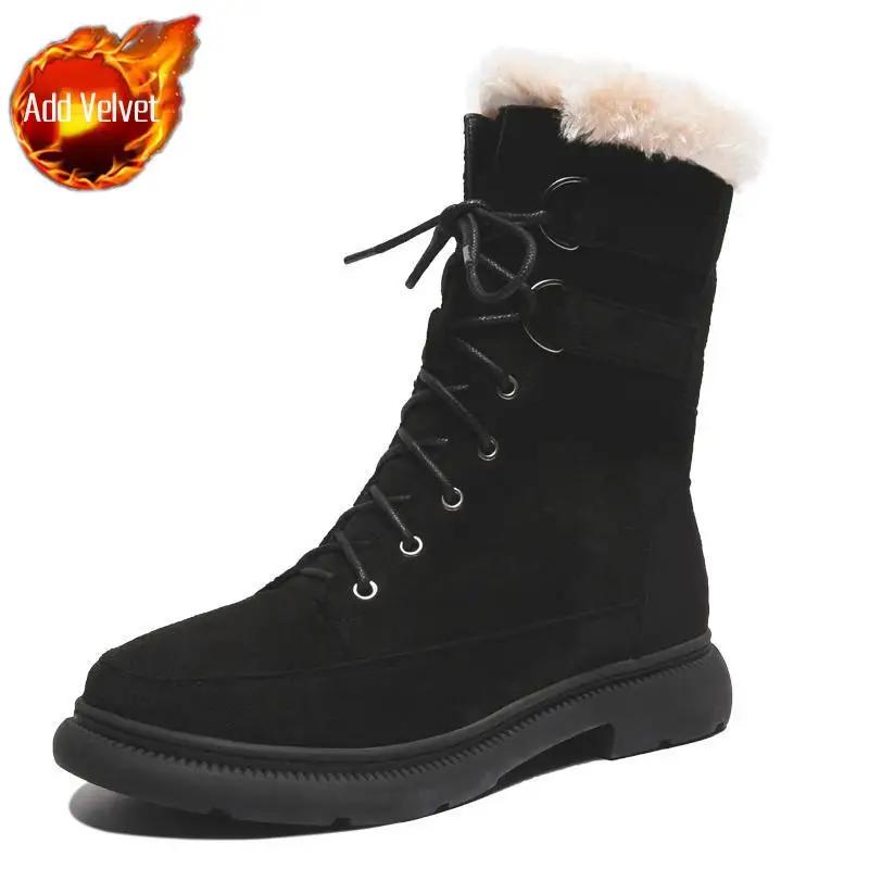 Элегантные женские зимние ботинки на среднем каблуке с круглым носком, на шнуровке, весна-осень, меховые ботинки из овечьей шкуры, демисезонные, размер 39, женская обувь