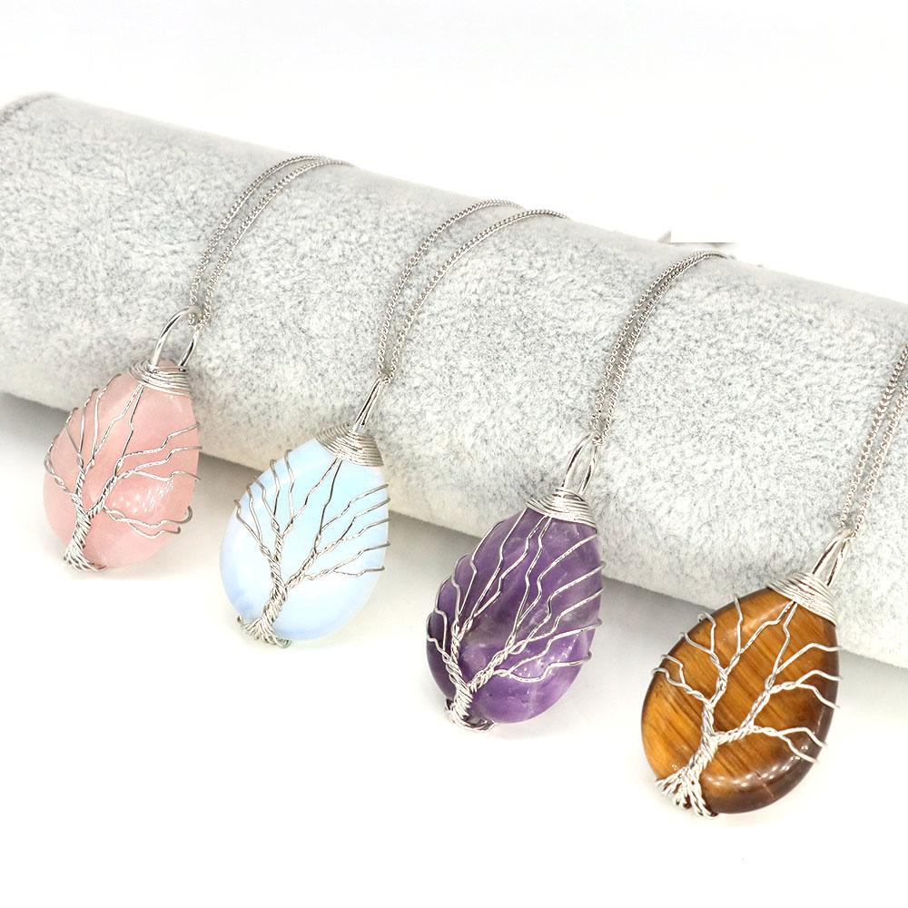 Tree Of Life Water Drop Pendant Necklace Wire Wrapped Natural Stone Crystal Amethyst Reiki Healing Energy Gems Love Jewelry Gift
