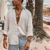 Осенняя мужская однотонная хлопково-льняная свободная свободная рубашка-поло с воротником-поло и длинным рукавом, пляжная рубашка для мужчин
