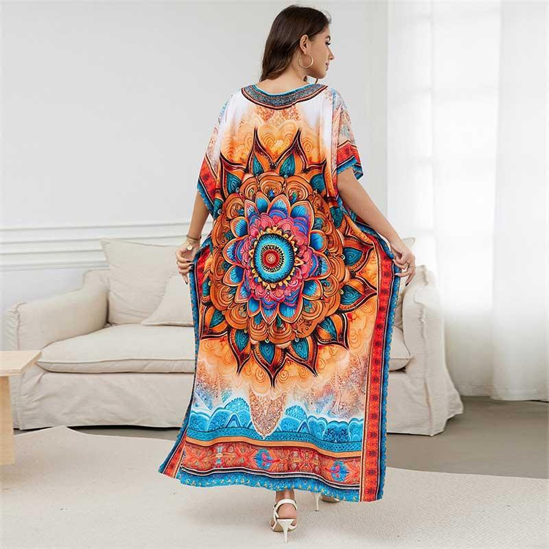 EDOLYNSA Повседневный Бохо с принтом V-образного выреза большого размера, свободное платье-кафтан, домашнее платье 2024 года, женская летняя пляжная одежда, купальник, прикрывающий свободный халат Q1594