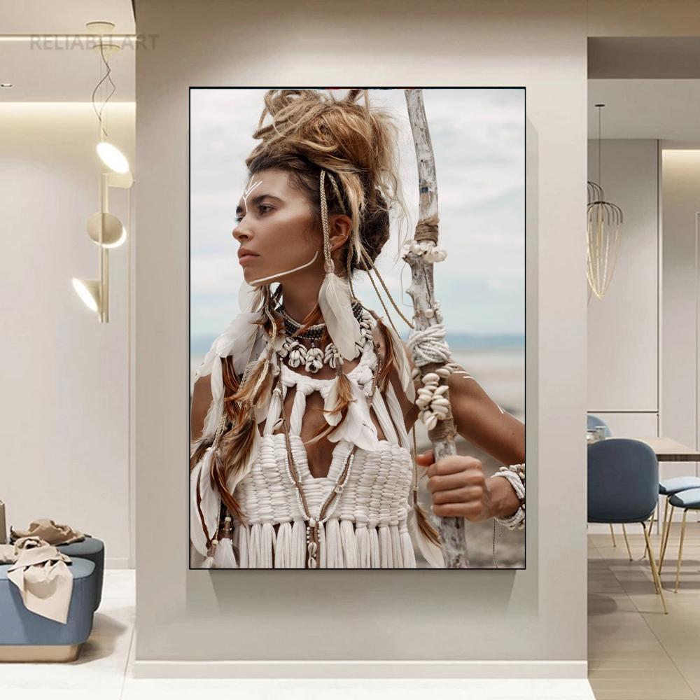Портретные постеры для девочек в стиле бохо, холст, картина, американская девушка с перьями, женские современные настенные художественные картины для гостиной, домашний декор