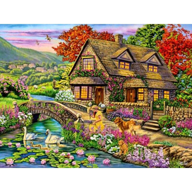 5D DIY Алмазная картина Пейзаж Дом Алмазная вышивка Пейзаж Вышивка крестиком Полный круглый дрель Домашний декор Ручной подарок