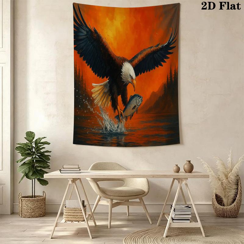 Bald Eagle Catching Fish Tapestry, Sunset Lake Forest Wildlife Oil Painting Wall Hanging Decor