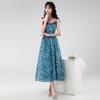 Women's Blue Floral French Style Slimming Summer Dress with Waist-Cinching Design