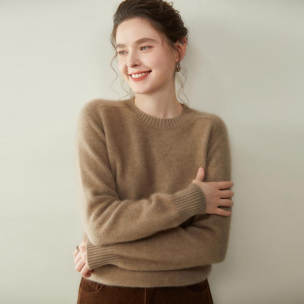 Женский кашемировый свитер с круглым вырезом - Коллекция Осень/Зима 2025, Реглан, Утепленный, Однотонный, Свободный крой, Стройнящий вязаный базовый.