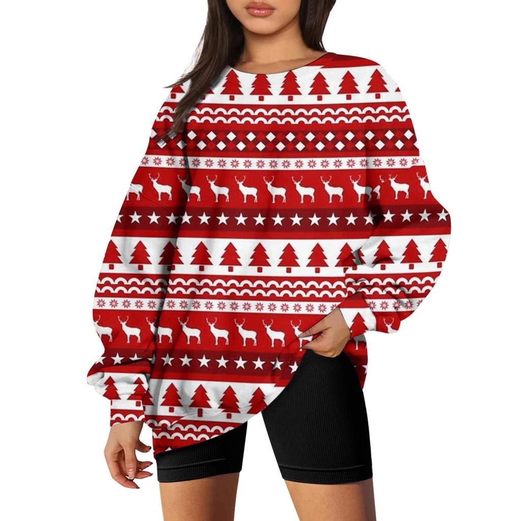 Женский повседневный модный рождественский принт с длинным рукавом и круглым вырезом, пуловер, топ