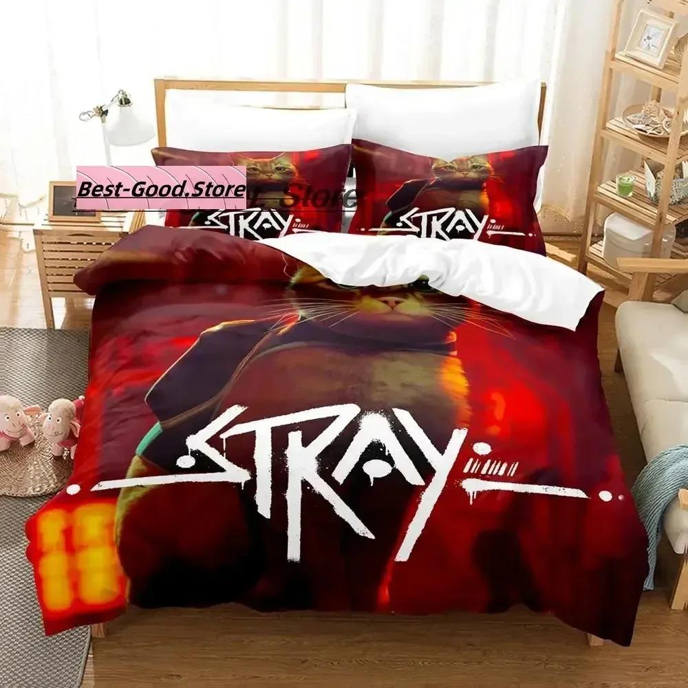 Постельное белье с принтом кота и Момо из игры Stray Game. Комплект постельного белья с наволочкой, пододеяльник. Мягкое. Размер: односпальное, двуспальное, Queen, Super King