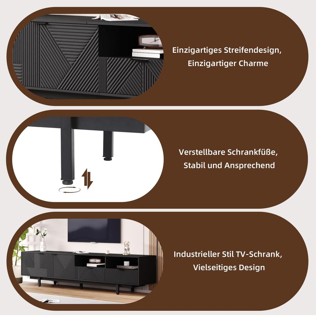 ТВ-тумба, 2 отделения 2 ящика Открытая полка, Современная низкая тумба для ТВ 90 дюймов, Богемский ТВ-стенка Сервант Гостиная и столовая, Черный