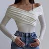 Модные длинные рукава, облегающие, сексуальные футболки с открытыми плечами, женские, с перекрестными складками и вырезом-лодочкой, элегантные, однотонные, повседневные женские футболки, топы 25526