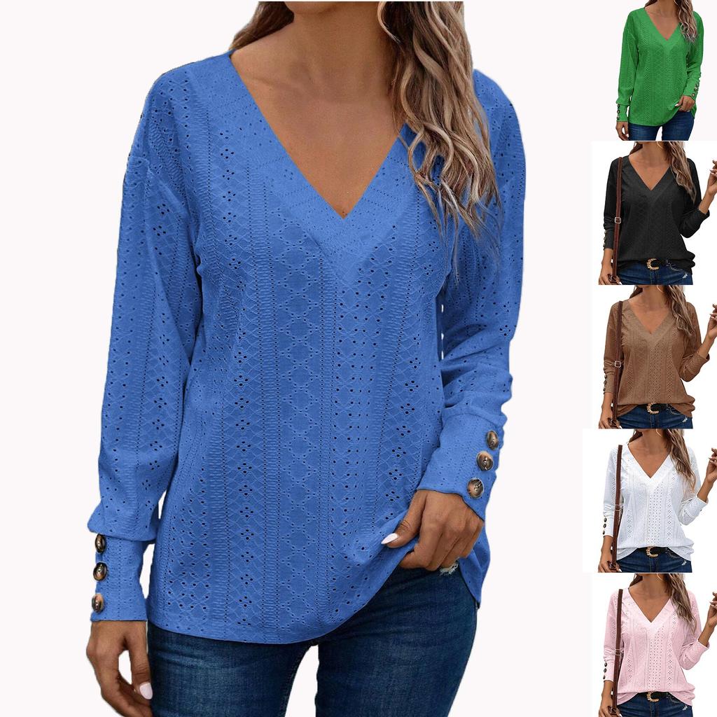 Women's Tops Casual V Neck Long Sleeve Buttons Hollow Out Shirts