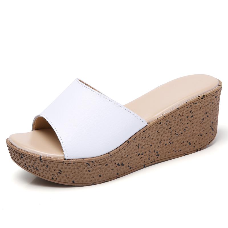 Летний кожаный спуск с женскими тапочками, босоножки на толстой подошве, босоножки на высоком каблуке, женская обувь на высоком каблуке