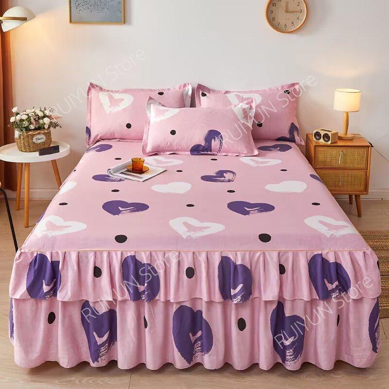New Princess Printed Double Layers Bed Skirt Non-slip Mattress Cover Home Bedroom Soft Bedspread Bed Skirt Bedsheet Bed Cover