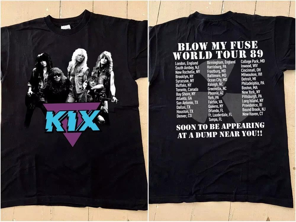 Crew Neck T Shirt with KIX Blow My Fuse World Tour 89 Creative Inspired Graphic Featuring Music Art for Fans KIX