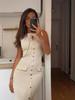 Knitted Sleeveless Long Dresses Women O Neck Single Breasted Fake Pockets Decoration Split Party Dress Autumn Beach Robe