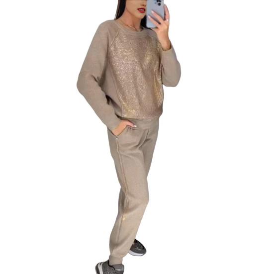 2 шт./комплект женский топ брюки костюм со стразами декор О-образный вырез длинные рукава пэчворк спортивный свитшот эластичный пояс брюки фитнес-наряд осень весна