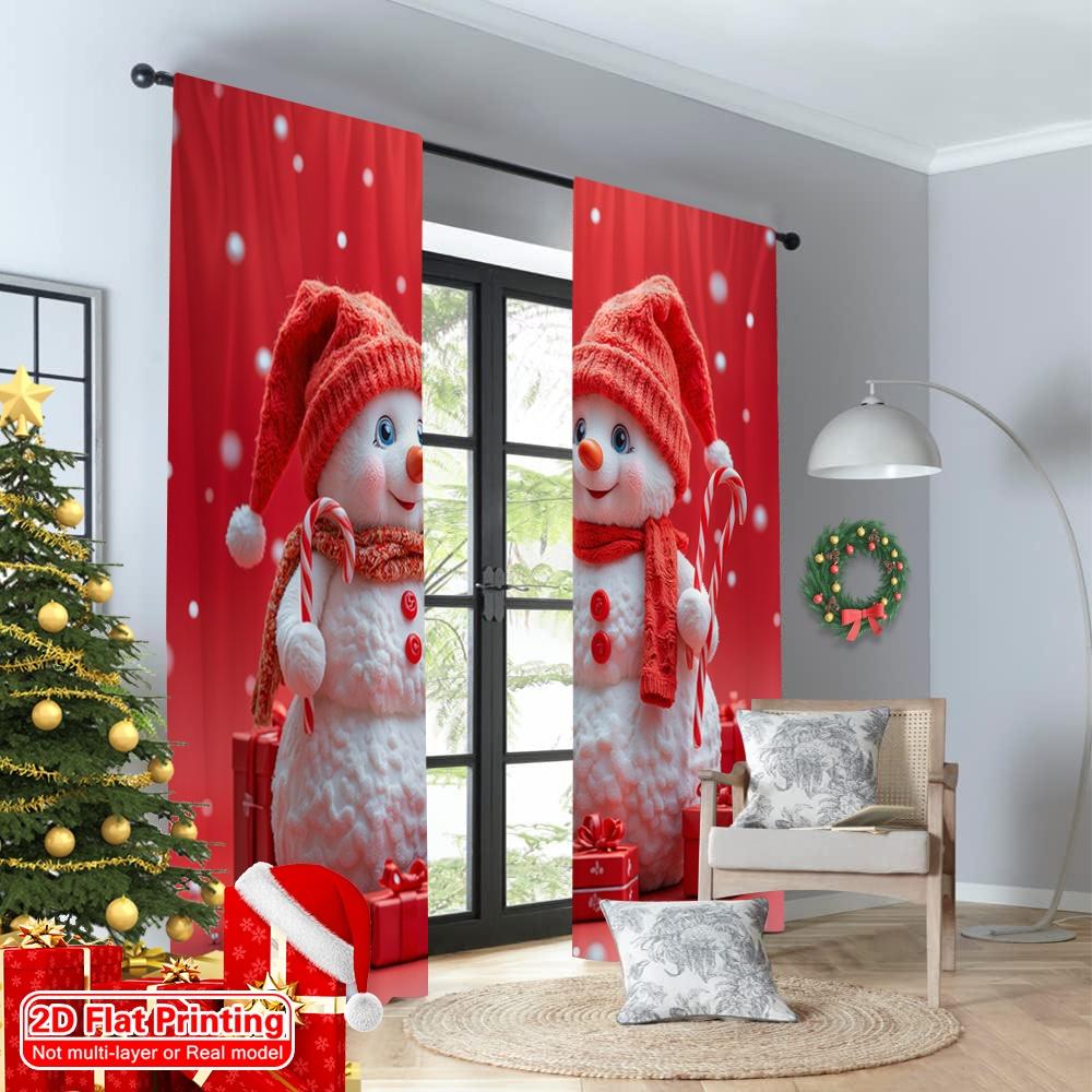 2pcs 2D Flat Printing Merry Christmas Curtain Cute Snowmen Christmas Gifts_b Polyester Without Electricity Festive Holiday for
