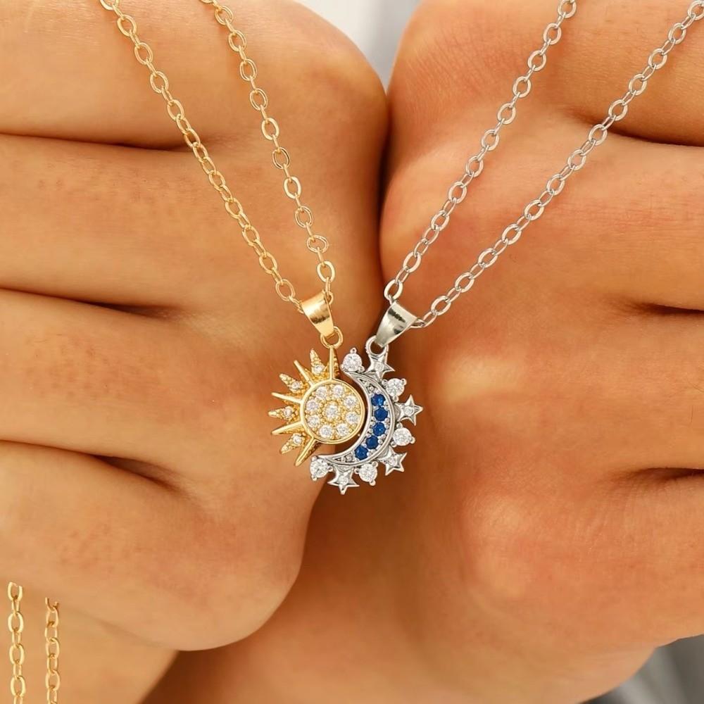Zircon Rhinestone Sun Moon Necklace 2Pcs Set Couple Necklace Set for Gift Giving
