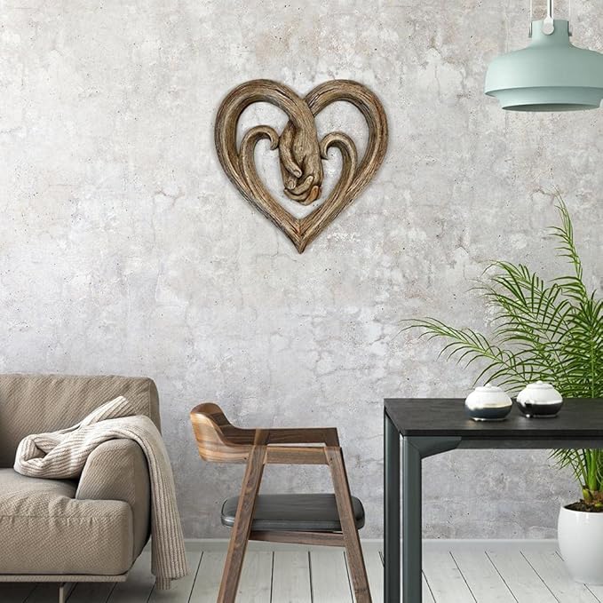 Art Sculpture Heart Holding Hands Wall Decor Decorative - Faux Wood Finish - Forever Love