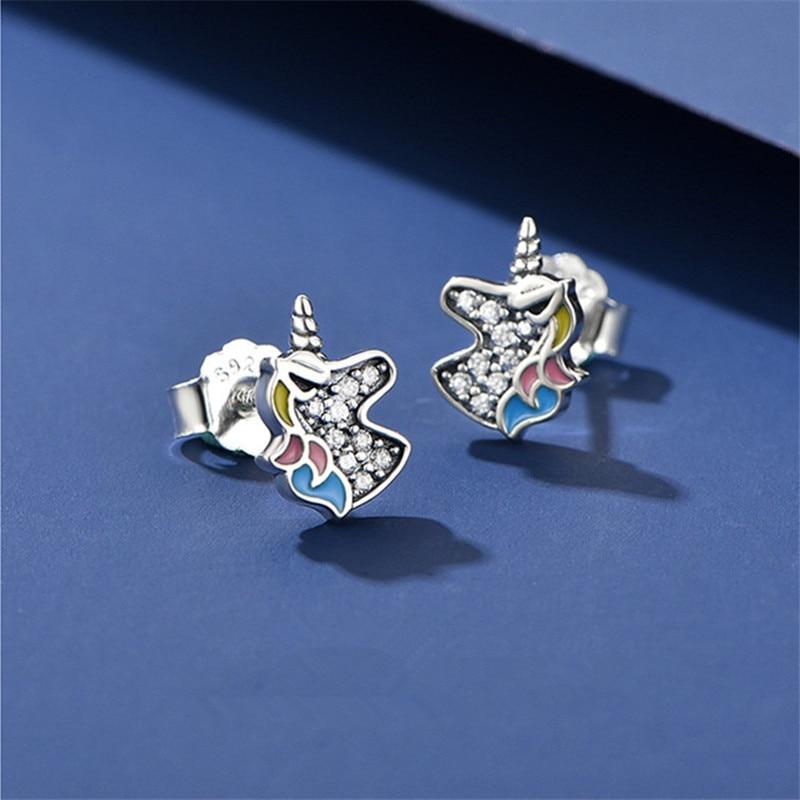 925 Sterling Silver Dazzling Unicorn Licorne Stud Earrings for Women Kids Wedding Gift Female Pendientes