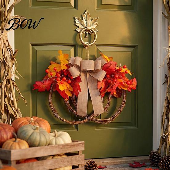 Linen Bow Wreath Fall Artificial Maple Leaf for Front Door, Thanksgiving Rattan Garland with Berries And Burlap Autumn Harvest Door Wall Hanging Decor