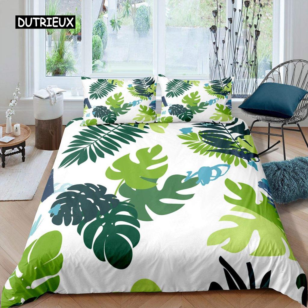 Palm Leaves Duvet Cover King Full Banana Leaves Bedding Set Hawaiian Tropical Leaves Green Branches 2/3pcs Polyester Quilt Cover
