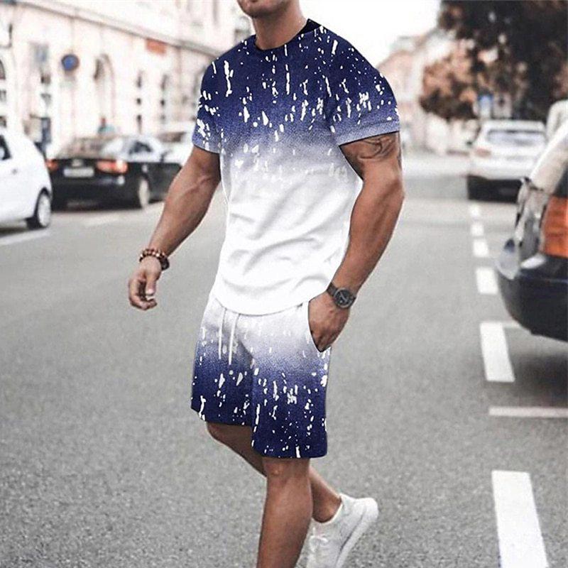 Asian Size Europe and the United States New 3D Digital Printed Men's Casual Fashion Sports Men Short Sleeve Up and Down Two Sets