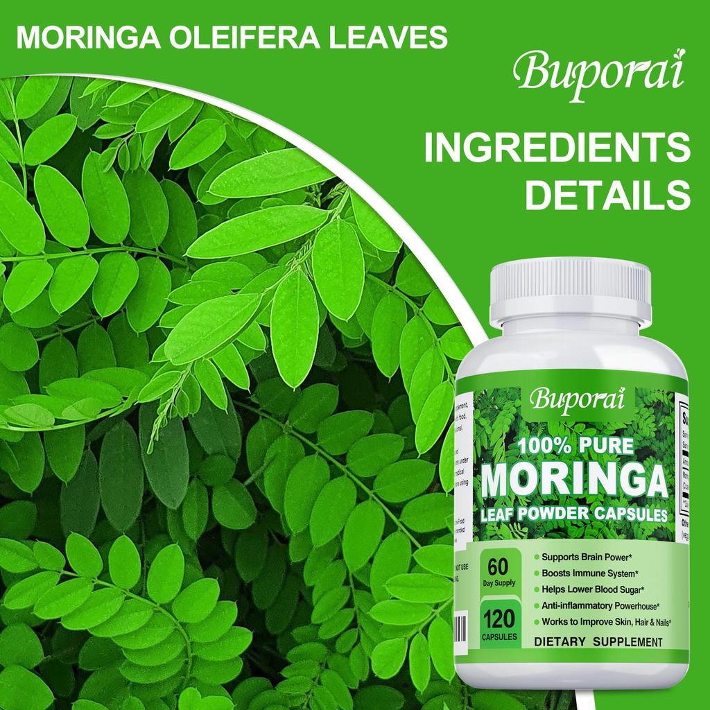 Moringa Capsules, 120 vegan moringa leaf powder capsules, an anti-inflammatory supplement that boosts the immune system, energy, and brain function.