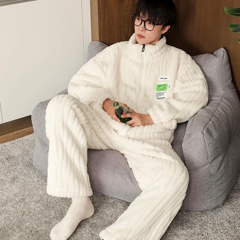 M-8XL Пижама больших размеров мужская зимняя коралловая флисовая толстая бархатная на молнии кардиган пижама однотонный теплый домашний костюм