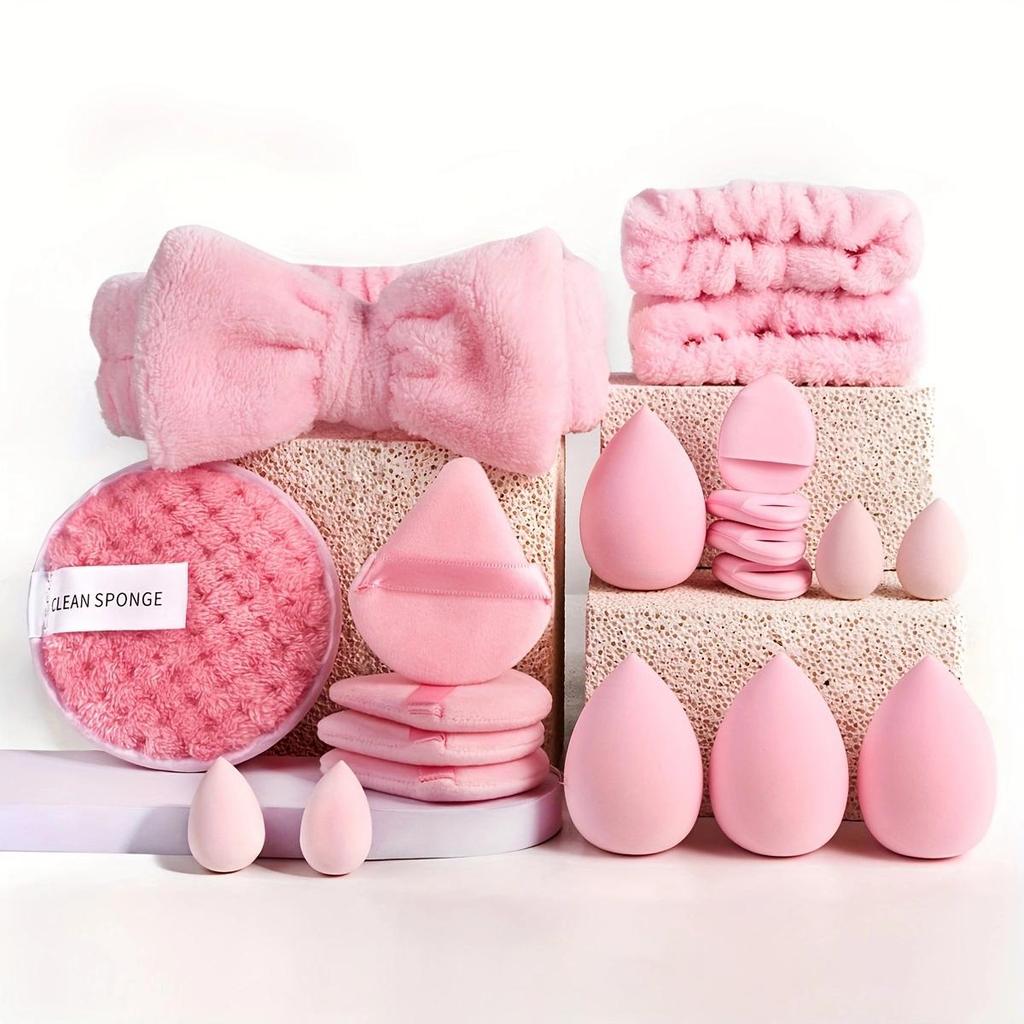 Набор из 20 инструментов для макияжа, в который входят повязка на голову, напульсники, пуховка для снятия макияжа, спонж для макияжа