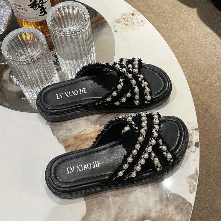 Женские летние шлепанцы на толстой подошве, корейская версия, новые, Xiaoxiangfeng, с перекрещенными жемчужинами, модные, для улицы, на маффиновой подошве, крутые шлепанцы