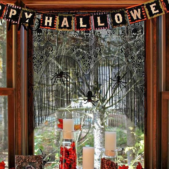 Breathable Porch Curtain Halloween Spooky Window Valance, Skull And Bat Pattern Sheer Lace Curtain, Detailed Valance Light Filtering Gothic for Living