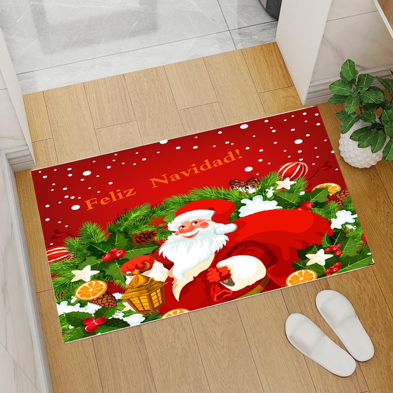 Red Coral Fleece Christmas Floor Mat with Santa Claus and Tree Design