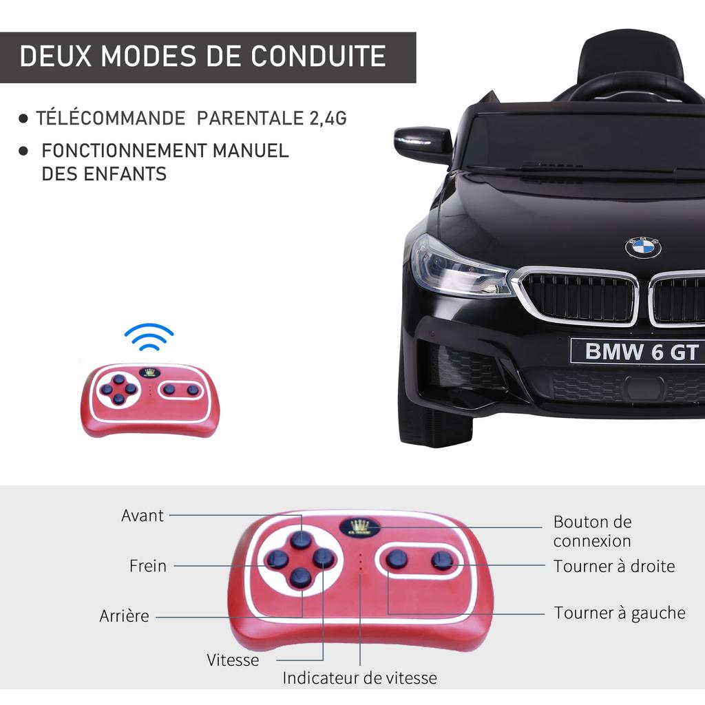 Children's Electric Car 6 V 3 Km/h Max. Sound and Light Effects Remote Control Included Black BMW 6 GT