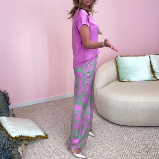 Женский комплект из двух предметов с принтом «бохо», повседневный топ с круглым вырезом и короткими рукавами, широкие брюки, летний комплект для дома