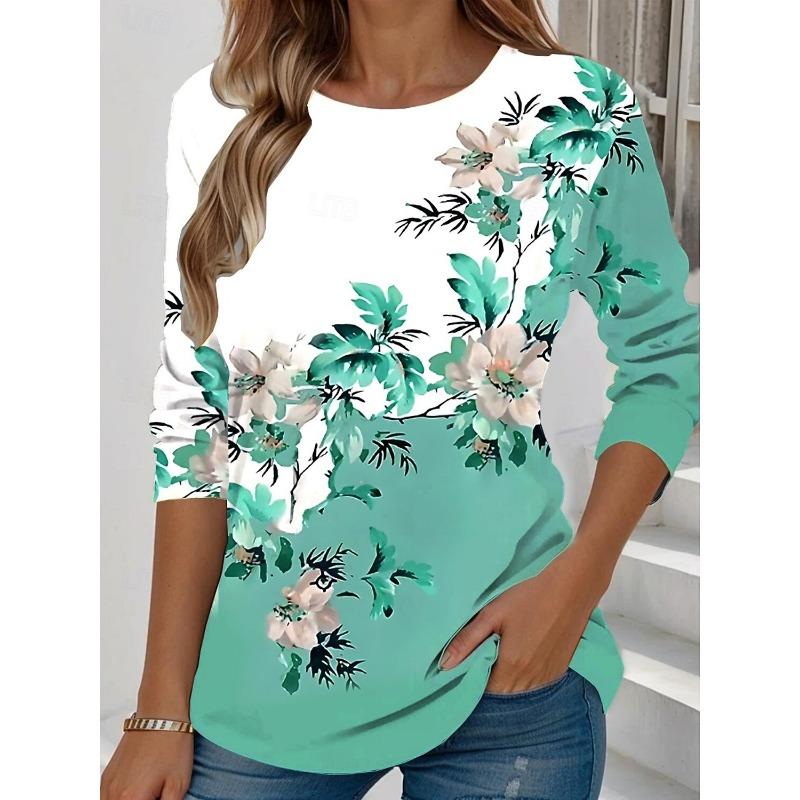 Fashion Summer Women's Floral Graphic Elegant Round Neck Long Sleeve T-Shirts Y2K Casual Tops Womens Clothing Harajuku Pullover