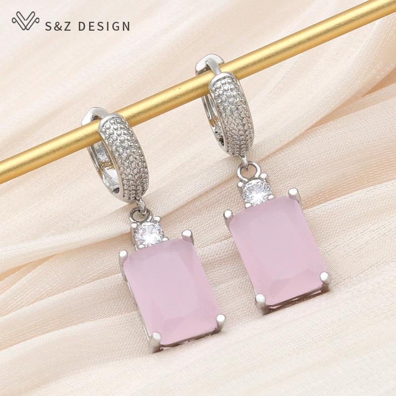 Fashion Pink Rectangle Cubic Zirconia Drop Earrings For Women Wedding Party Jewelry Classic Elegant Rose Gold Color Eardrop