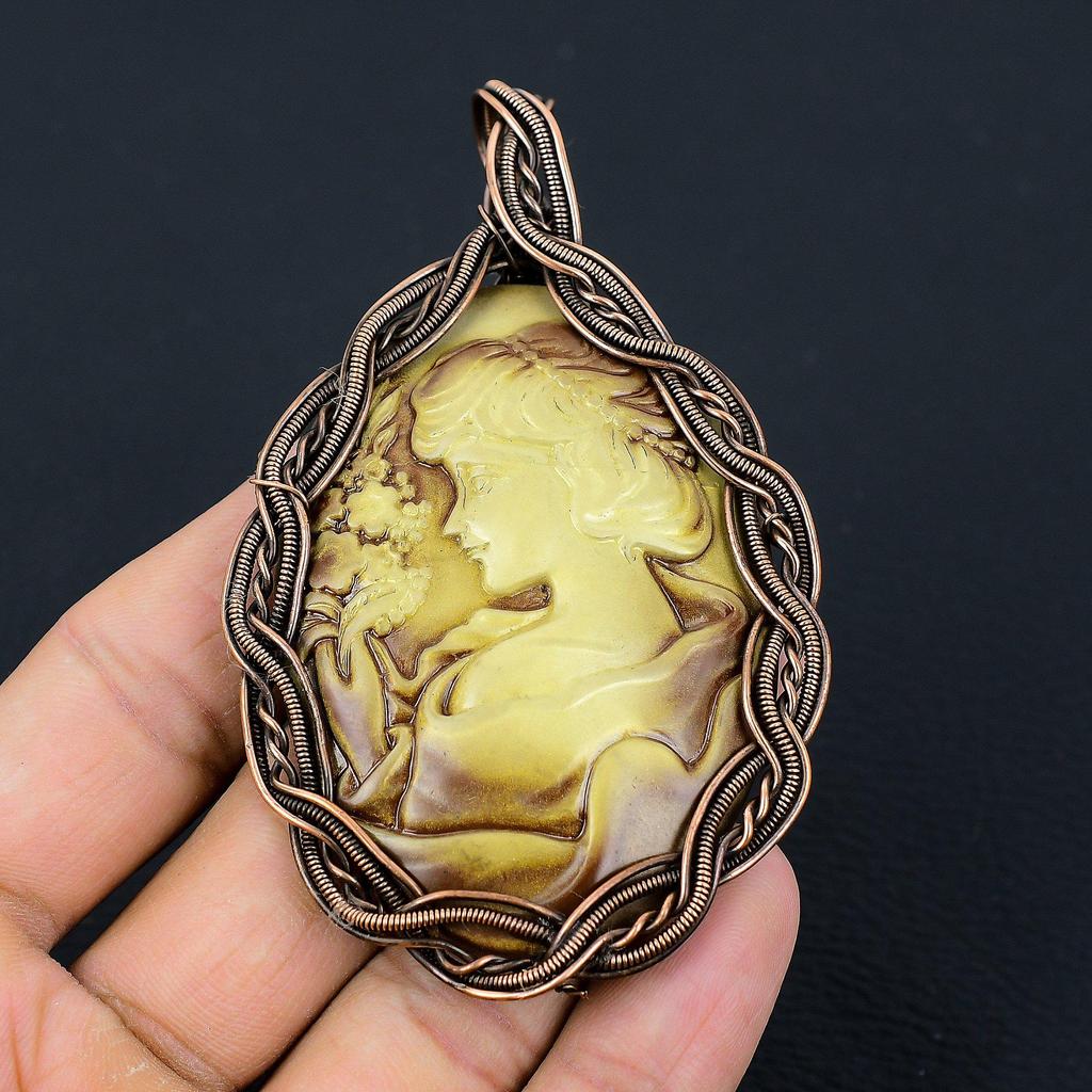 Cameo Lady Craved Face Gemstone Медная проволока Wrap Handmade Pendant Jewelry Gift