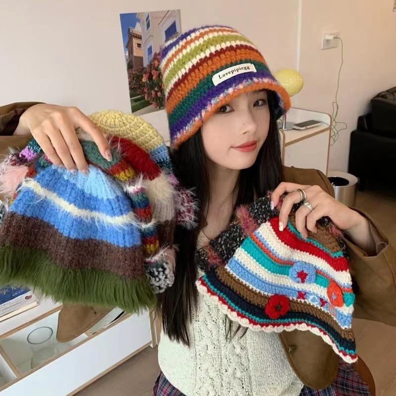 Wake up dopamine color retro handmade warm plush hat women's autumn and winter wool hat knitted bucket hat cold hat