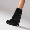 2024 Модные сапоги Новые осенне-зимние женские сапоги с круглым носком, черные, на платформе, с очень высоким каблуком, с бахромой и плюшевой танкеткой