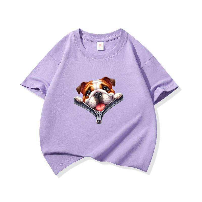 Kids Cotton T Shirt Charming Bulldog Puppy Dog Zipper Print Crew Neck Short Sleeve Tee Casual Breathable Boys Girls Summer Tops