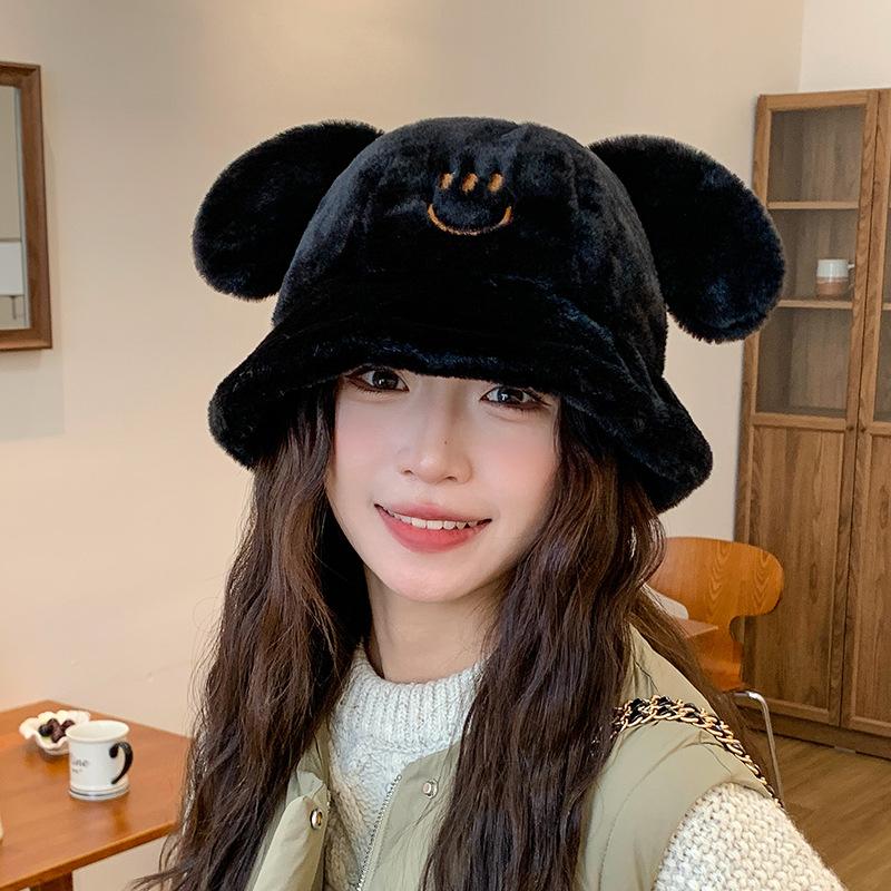 Puppy Ears Plush Fisherman Hat for Women Winter Korean Style Cute Student Versatile Face Showing Small Thickened Warm Basin Hat